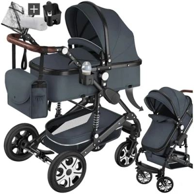 Immagine di tectake® Passeggino Combinato Pieghevole, 2 in 1, Leggero con Cintura a 5 Punti Regolabile, Tettuccio Parasole, Freno Pedale, per Bambini da 0 3 Anni Antracite