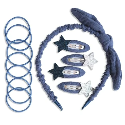 Immagine di Papierdrachen Speciale set di accessori per capelli con cerchietto, fermagli capelli, elastici combinati tessuto mussola alta qualità, blu scuro, ragazze e donne
