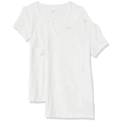 Immagine di Amazon Essentials T Shirt Aderente con Maniche Ad Aletta e Scollo Ampio Donna, Pacco da 2, Bianco, L