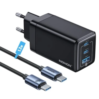 Immagine di NOHON Caricatore USB C Rapido Caricabatterie: 65W GaN Alimentatore PD 3.0 con Cavo Ricarica 140W 1.2M 3 Porte Compatibile iPhone 12 13 14 15 Macbook iPad Xiaomi Samsung Galaxy S