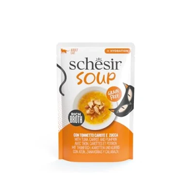 Immagine di Schesir, Zuppa con Filetti di Tonno Carote e Zucca, Cibo Umido Complementare per Gatti, Ricetta Originale, 100% Naturale, 12 buste da 40g