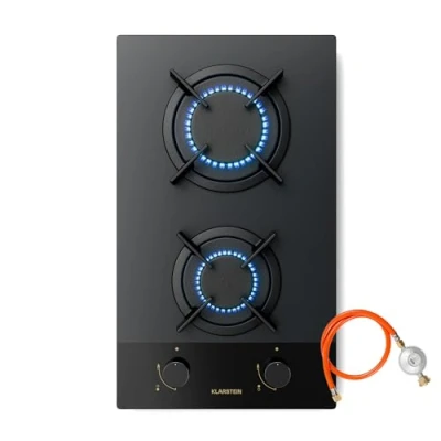Immagine di KLARSTEIN Goldflame Nano Piano Cottura a Gas, 2 Fuochi, Vetro Temperato &amp; Bruciatori in Ottone, 4200W, Accensione Automatica, Protezione Fiamma, Kit di Conversione GPL/GN, Rivestimento