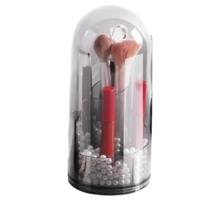 Immagine di Navaris Organizer Trucchi Porta Pennelli Make Up con Coperchio Portapennelli da Trucco Chiuso Rotante Portatrucchi Organizzatore Bagno Grigio Trasparente