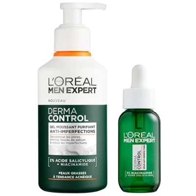 Immagine di L&#039;Oréal Men Expert Routine anti imperfezioni, gel schiumogeno purificante + siero, arricchito con acido salicilico e niacinamide Derma Control 260 ml 30