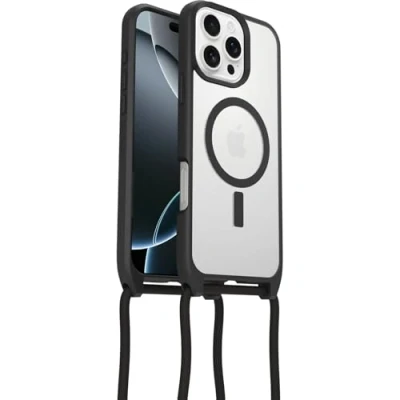 Immagine di OtterBox Cover React Series Necklace MagSafe per iPhone 16 Pro Max, resistente a shock con cordino collana, adattabile e intercambiabile, testata norme MIL STD 810G, Trasparente/Nero