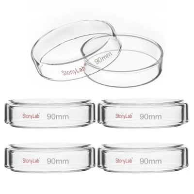Immagine di stonylab Piastra di Petri in Vetro con Coperchio, Confezione da 5 Borosilicato Piatto per Colture Cellulari Autoclavabile Trasparente Laboratorio, 90x20 mm