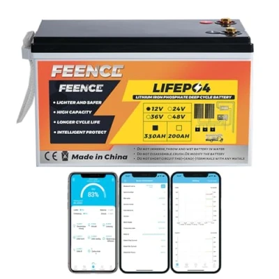 Immagine di FEENCE Mini LiFePO4, batteria al litio da 12 V, 330 Ah, auto BMS, Bluetooth, fino a 15000 cicli, potenza massima 4224 Wh con taglio bassa temperatura, perfetta per RV
