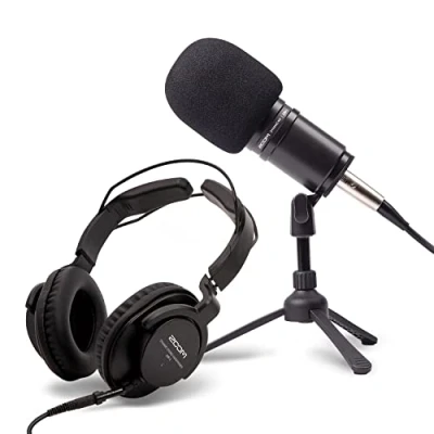 Immagine di Zoom ZDM 1PMP Pacchetto microfonico per podcast, microfono dinamico cuffie ZHP 1, treppiede TPS 4, paravento, cavo XLR da 2 metri, la registrazione e lo streaming di podcast