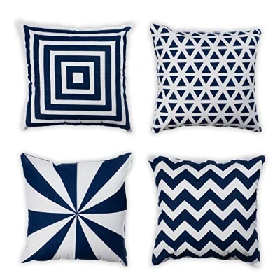 Immagine di Penguin Home Set di 4 federe per cuscini 45 cm x quadrati double face 100% cotone e con cerniera invisibile soggiorno, divano, 18x18 pollici (Mix bianco/blu navy)