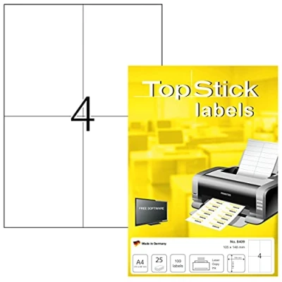 Immagine di TopStick etichette multiuso autoadesive, 4 per foglio A4, 800 fogli, 105 x 148 mm, 3200 etichette, universali vuote, stampanti laser e inkjet, bianco