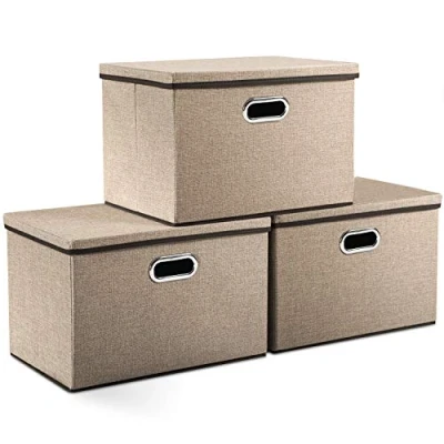 Immagine di Prandom Contenitori pieghevoli in tessuto di iuta con coperchi per casa, camera da letto, armadio, ufficio, scuola materna (45 x 30 cm), grande (3 confezioni)