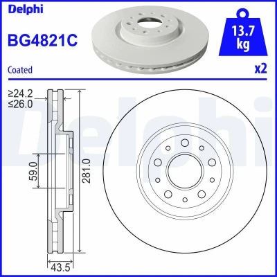Immagine di DELPHI BG4821C Disco freno 281 26 5 ventilato rivestito non trattato senza cuscinetto ruota, anello sensore ABS FIAT: Tipo Sedan