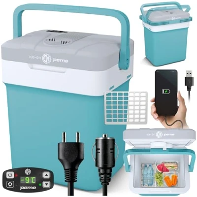 Immagine di peme Essential Frigo Portatile 25,7L Frigorifero Elettrico con Funzione Caldo/Freddo, Doppia Alimentazione 12V &amp; 220 240V, Modalità Eco, Porta USB, Chiusura di Sicurezza, per Auto, Camper, Campeggio