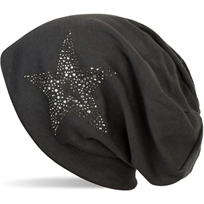 Immagine di styleBREAKER Cuffia Beanie con Strass, Borchie, Stelle e Pietre Decorative di Colore Argento Antracite, Slouch longbeanie, Unisex 04024087, Colore:Antracite
