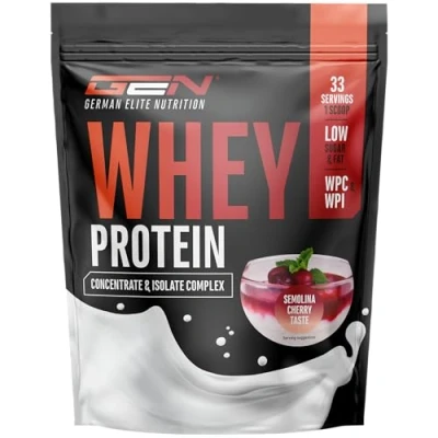 Immagine di Whey Proteine Complesso 1000 g (Semolino di ciliegia) con contenuto isolato in polvere solubili istantanee BCAA ed EAA German Elite Nutrition
