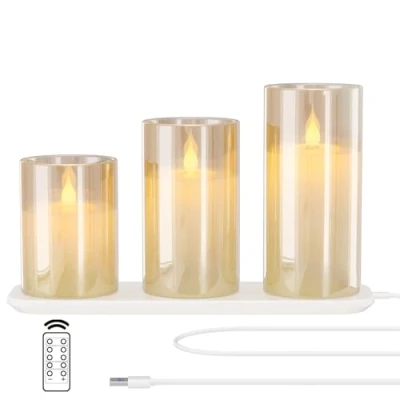 Immagine di EXTSUD candele a LED senza fiamma tremolanti con stazione di ricarica e telecomando, set da 3 in vetro ricaricabili, funzione timer, romantiche lumini,Giallo