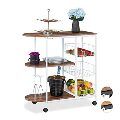 Immagine di relaxdays Carrello da Cucina, Portavivande con 3 Ripiani e Cestini, Industrial, Metallo MDF 84x83x37 cm, Vari Colori, Acciaio, Pannelli, Design B, 1 pz