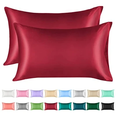 Immagine di Lirex Set di 2 Federe in Raso 40x70cm, Protezione Capelli e Pelle &amp; Antirughe, Chiusura a Busta,(Vino Rosso)