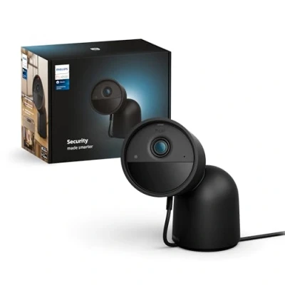 Immagine di Philips Hue Secure, Telecamera di Sicurezza da Tavolo, con Cavo, HD 1080p, Visione Notturna, Audio Bidirezionale, Microfono, Notifiche Push, per Interni, Nero