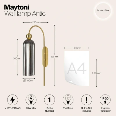 Immagine di Elegante Lampada da Parete, Serie Antic, 1 luce, in Metallo color Oro, Paralume Vetro colore grigio, per X E14 (40W) non incl.