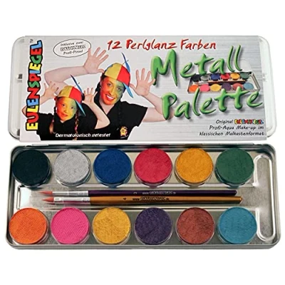 Immagine di Eulenspiegel 212028 Tavolozza metallica colori perlati, 12 da 3,5 ml, 2 pennelli, per il trucco