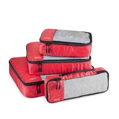 Immagine di Amazon Basics Organizer da Viaggio Salvaspazio per Valigie, con Cerniera, Set 4 Pezzi, Grande/Medio/Piccolo/Sottile, Rosso