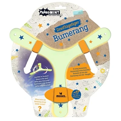Immagine di moses PhänoMINT Bumerang, gioco di lancio per bambini, boomerang, a tre ali e con informazioni emozionanti, Colore Si illumina notte, 1 Stück (1er Pack), 30320
