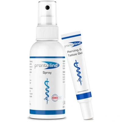 Immagine di Prontolind Set per la cura del piercing: composto da spray 75 ml e gel 10 ml, pulizia di piercing, tunnel, plug modifiche corpo