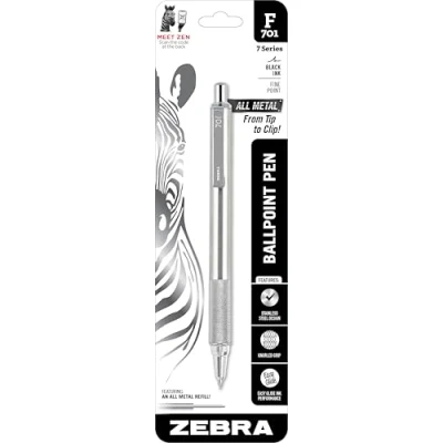 Immagine di Zebra Pen F 701 Penna a sfera retrattile, fusto in acciaio inossidabile, punta fine, 0,8 mm, inchiostro nero, confezione da 1