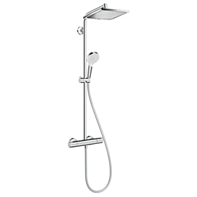 Immagine di hansgrohe Crometta e Colonna doccia a risparmio idrico (EcoSmart) con miscelatore termostatico, sistema (240 x 240 mm) rubinetto, doccetta, tubo, asta soffione doccia, cromo, 27281000