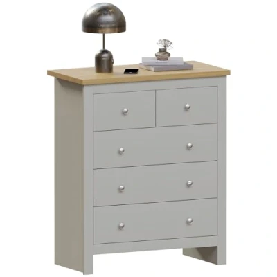 Immagine di Vida Designs Arlington Cassettiera a 3+2 Cassetti, Legno Ingegnerizzato, Grigio e Quercia, W D 39.5 cm, H 95 x L 79 P 39,5 cm Circa