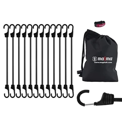 Immagine di MAGMA Set da 12 Corde Elastiche Cavi Extra Forti con Ganci Elastici di Fissaggio Per Auto Assicurare Portapacchi e Teloni Campeggio, Uso Militare, Attività all’Aperto (45cm, Nere)