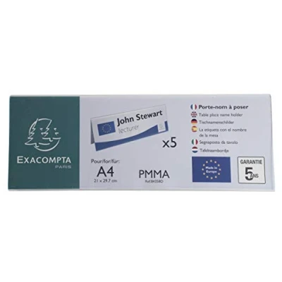 Immagine di Exacompta Ref 84358D Espositore per etichette con nome, adatto fogli A4 piegati orizzontali, in PMMA (acrilico) Trasparente (confezione da 5)
