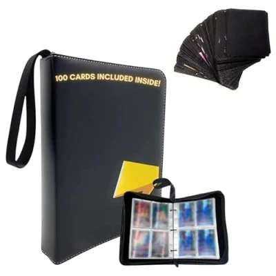 Immagine di Album per 400 Carte con 100 Incluse (55 in PVC Nero e 5 Buste Casuali) Porta da Collezione Realizzato Similpelle Chiusura a Cerniera.