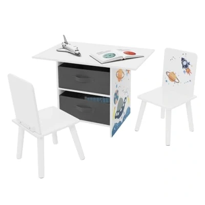 Immagine di Joyz Set Tavolino con 2 Sedie per Cameretta dei Bambini Scatole in Tessuto Mobile Stanzina Tavolo Disegnare e Giocare Scomparti Stoccaggio Giocatoli Multiuso Versatile