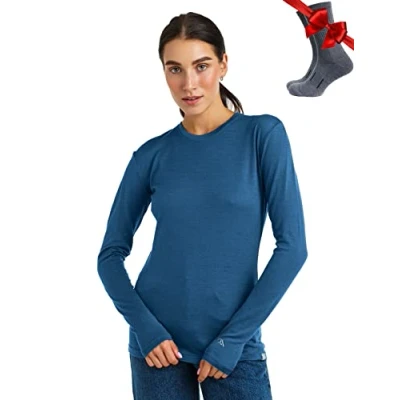 Immagine di Maglia Termica Donna di Lana Merinos Merino Maglietta Maniche Lunghe Leggero Magliette Intimo Base Layer + Le Calze in (Large, 165 Denim Blue)