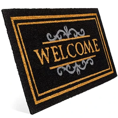 Immagine di Entrando Welcome Zerbino in cocco per porta di casa, interno ed esterno, resistente alle intemperie, antiscivolo, anche come decorazione o regalo, nero, 40 x 70 cm