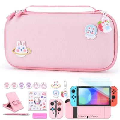 Immagine di innoAura Custodia NS Switch Accessoires pour 18 in 1 con per Il Trasporto, Gioco, Protezione Schermo, Supporto Switch,Thumb Grips(Rosa)