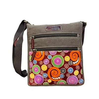 Immagine di Macha borsa etnica in cotone con stampe colorate e inserti pelle, a tracolla pelle per donna indiana colorata (Castano)