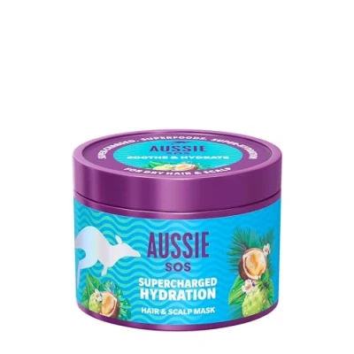 Immagine di Aussie SOS Maschera Idratante per Capelli &amp; Cute Supercharged Hydration 500ml Lenirela Secca e Reidratare Estremamente Secchi, 100 Ore di Idratazione, Formula Vegana