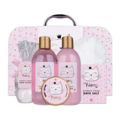 Immagine di accentra Set da bagno e doccia Princess Kitty per donne ragazze, con dolce profumo di fragola vaniglia, confezione regalo confezionata in una scatola carta, 7 pezzi