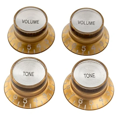 Immagine di Musiclily Pro Mancino Metrica 18 Splines Manopole 2 Volume Tono Top Hat Reflector Knobs per Epiphone Les Paul SG Style, Dorato con Argento (Set di 4)