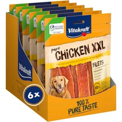 Immagine di Vitakraft filetti di pollo XXL, leccornia per cani con carne magra pollo, in sacchetto XXL richiudibile, senza l&#039;aggiunta zuccheri e cereali (6x 250g)