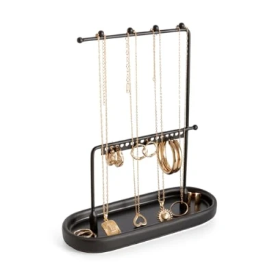 Immagine di KOOK TIME Espositore gioielli porta collane da appendere orecchini organizer con vassoio in ceramica per anelli, bracciali e altri piccoli 17.5x7x22 cm Colore: nero opaco