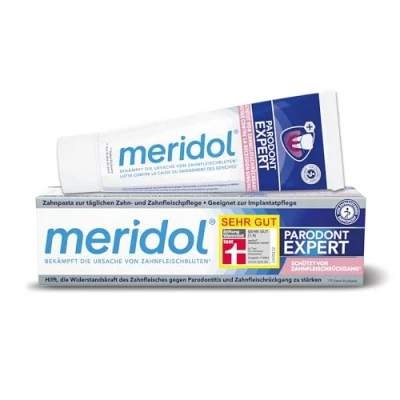 Immagine di dentifricio Meridol Periodont Expert 75 ml il ha un effetto antibatterico e quindi supporta naturale processo di guarigione delle gengive, la confezione può variare