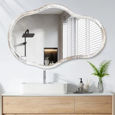 Immagine di specchio da parete asimmetrico bianco con cornice in legno moderno irregolare unico appendere ondulato artistico decorazione bagno vanità camera letto soggiorno ingresso corridoio