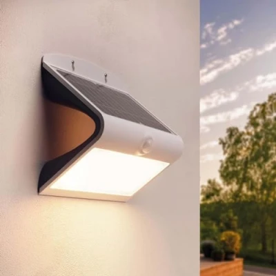 Immagine di Ledvion Moderna lampada da parete solare con sensore di movimento, bianco, 8 W, 3000 K, IP65 impermeabile e 220 lumen, rilevamento del movimento interruttore crepuscolare, risparmio energetico