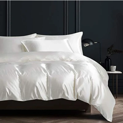 Immagine di Damier biancheria da letto 135 x 200 cm, in raso, bianco, set di deluxe, qualità alberghiera, copripiumino e 1 federa 80 con chiusura lampo