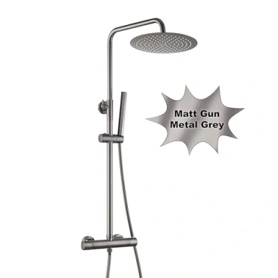 Immagine di Görbach Colonna doccia con rubinetto doccia, sistema in acciaio inox miscelatore termostatico, doccetta, asta soffione D25 cm, Grigio Canna Di Fucile