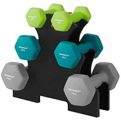Immagine di SONGMICS Set di Manubri Esagonali con Stand, 2 x 1 kg, 3 Finitura in Vinile, Pesi per Esercizi Allenamento, Palestra a Casa, Verde Chiaro, Acqua e Grigio Scuro SYL612G02